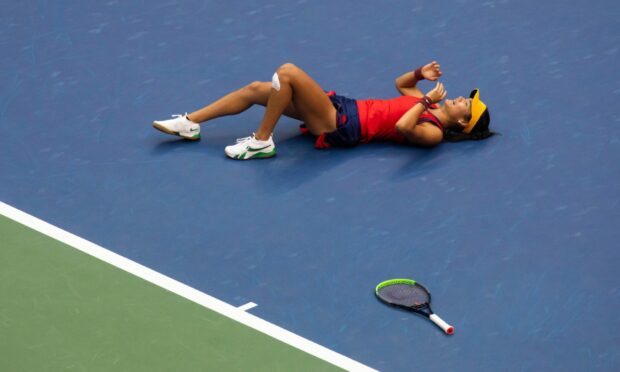 Emma Raducanu  celebrates victory after the women's singles final against Leylah Fernandez.