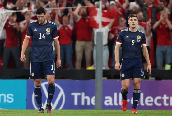 Scotland's Scott McKenna (left) and Kieran Tierney  during the FIFA World Cup Qualifier between Denmark and Scotland at the Parken Stadium