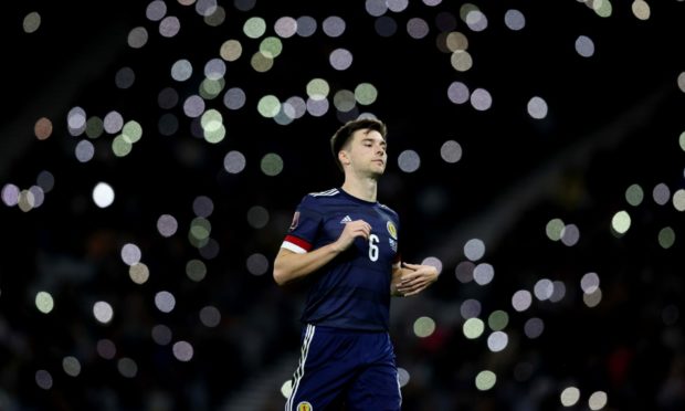 Kieran Tierney in action for Scotland during a World Cup qualifier match between Scotland and Moldova at Hampden