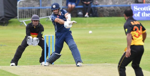 Kyle Coetzer, centre, in action for Scotland the last time they played at Mannofield in 2019.