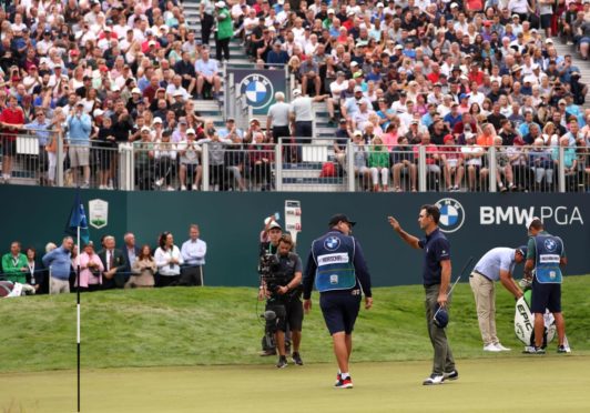 Billy Horschel celebrates victory on the final green at Wentworth.