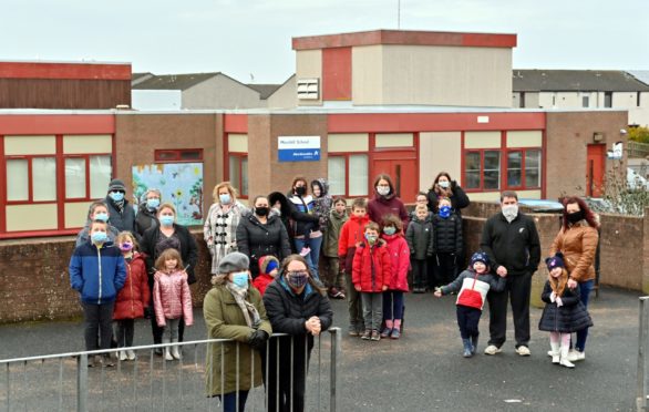 The Save Meethill School Group gather outside the Peterhead primary earlier this year