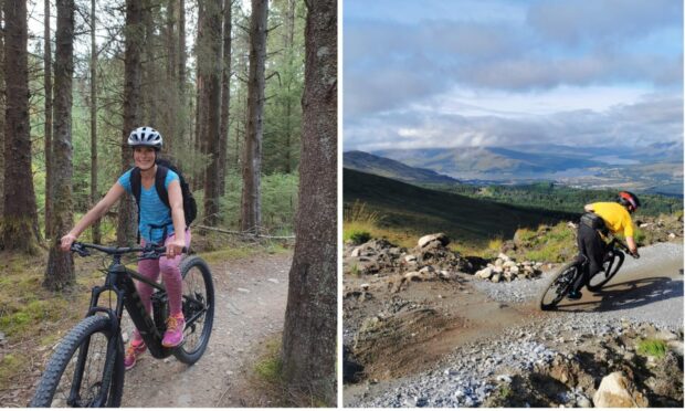 Gayle checks out the mountain bike trails at Nevis Range while a more adventurous biker rides the new Blue Doon.