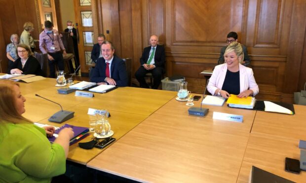 First Minister Paul Givan and deputy First Minister Michelle O'Neill with Justice Minister Naomi Long before the first face to face Stormont Executive meeting in almost a year in Parliament Buildings Stormont. Supplied by David Young/PA Wire