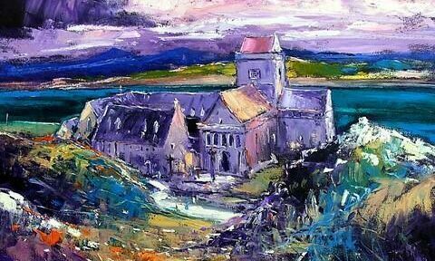 Detail from a painting of Iona Abbey by acclaimed Scottish artist Jolomo.