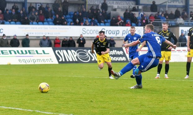 Peterhead captain Scott Brown marks his 200th appearance with a goal.