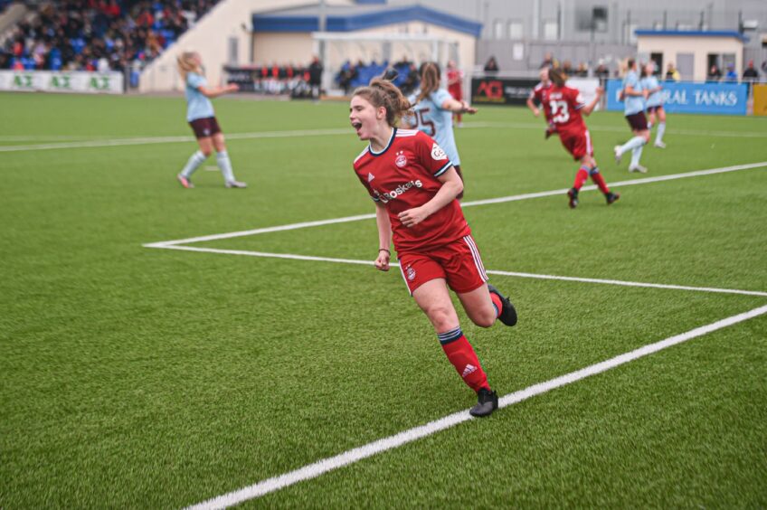 Eva Thomson celebrates scoring for Aberdeen Women against Hearts