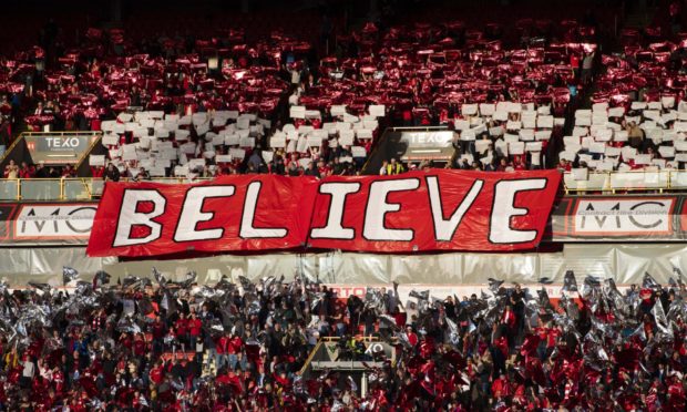 The Aberdeen fans display a banner ahead of kick off against HNK Rijeka in the Europa League in 2019.