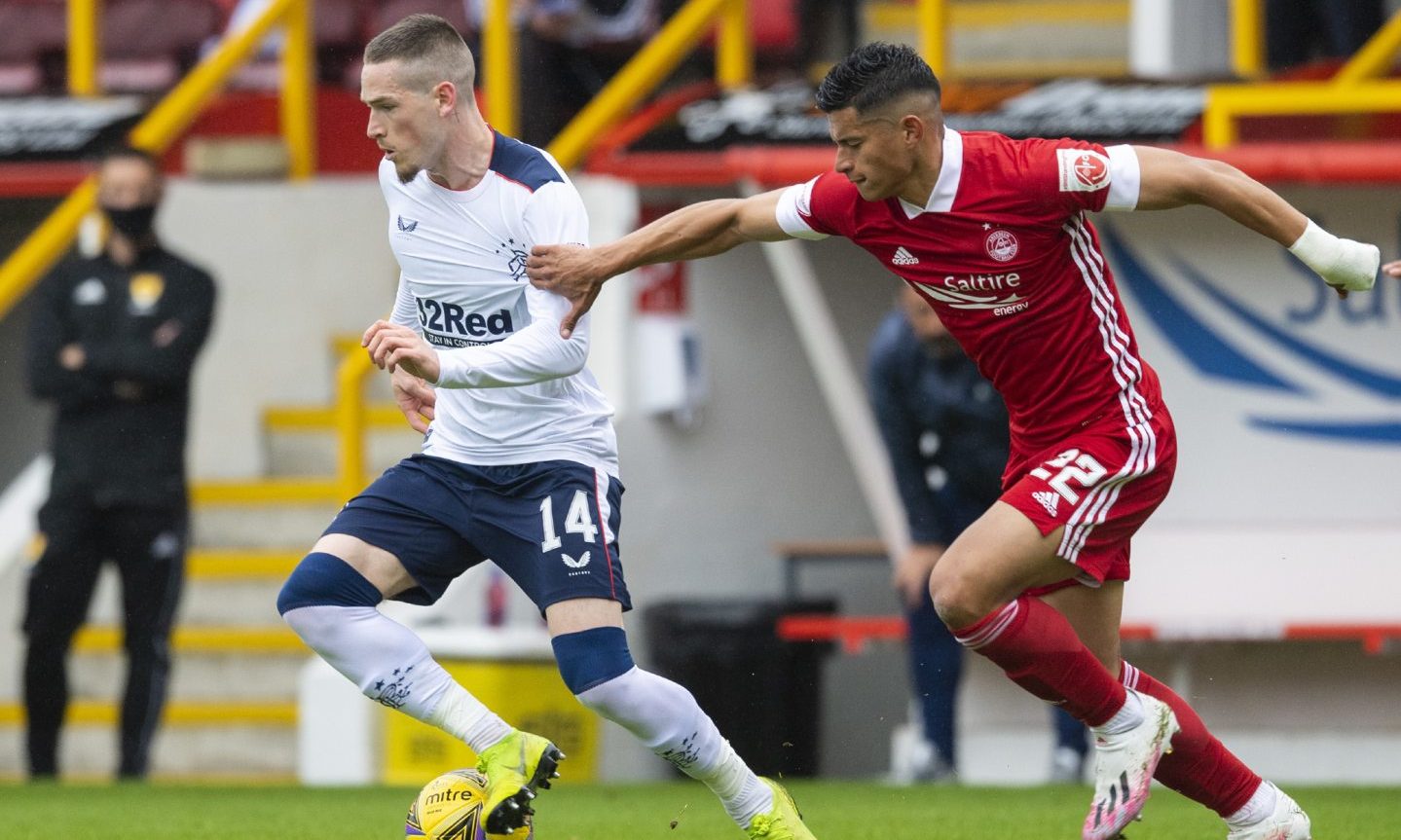 Rangers' Ryan Kent holds off Aberdeen's Ronald Hernandez during the Scottish Premiership match between Aberdeen and Rangers at Pittodrie on August 1.