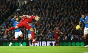 Aberdeen's Christian Ramirez makes it 1-0 during a Cinch Premiership match between Rangers and Aberdeen at Ibrox stadium, on October 26, 2021, in Glasgow, Scotland. (Photo by Alan Harvey / SNS Group)
