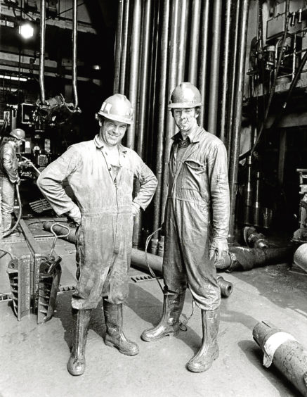 1983: Bill Collie and Colin Selby on the Oil Field Brae ‘A’ Drilling Deck.