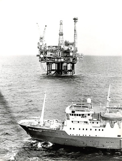 1983: standby vessel, Rig Master, anchored off one of the platforms in the BP Forties Field.