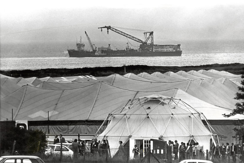 1975: Oil Offshore exhibition under canvas at the Bridge of Don, while lying off the coast is the drill barge Orca.