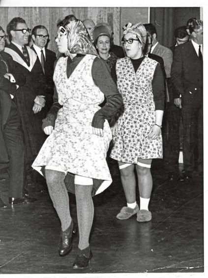 1970: The Queen who was visiting Hazlehead Academy, for its official opening, was watching Kathleen Innes and Margaret Neri in a routine for a school concert - a scene in the drama department at Hazlehead Academy