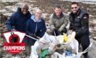 (L to R) Jacob Opata, Martin O’Donnell, Paul Williams and Lee Gilmour from Premier Oil filling a rubbish collection bag.