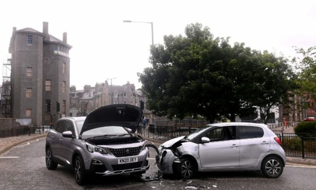 Pictured is the two car RTC on the Woolmanhill Roundabout, Aberdeen.