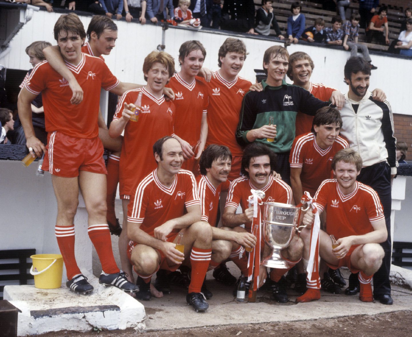 The Aberdeen squad celebrate winning the Drybrough Cup in 1980.