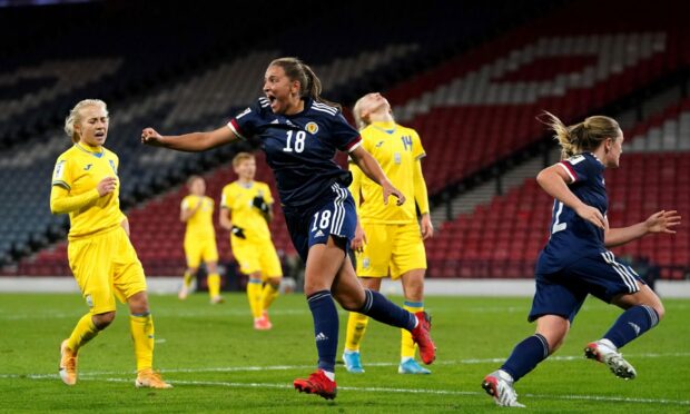 Scotland's Abigail Harrison celebrates scoring their side's first goal of the game during the FIFA Women's World Cup 2023 qualifying match at Hampden Park,. Picture by Andrew Milligan/PA Wire. 

RESTRICTIONS: Use subject to restrictions. Editorial use only, no commercial use without prior consent from rights holder.
