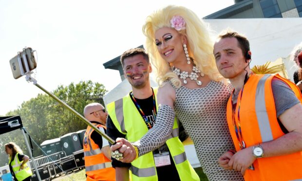 Liam Jones (far right) at Grampian Pride at the Beach Boulevard with Romy Deepcheeks.