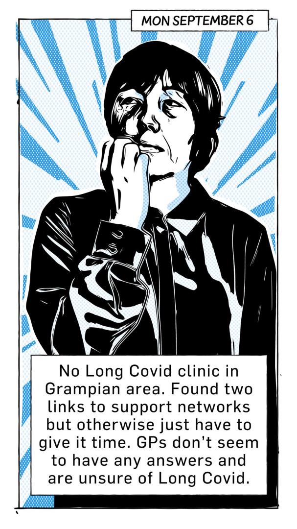 Cartoon, dated September 6 of Theresa Summers. Caption reads: "No long covid clinic in Grampian area. Found two links to support networks but otherwise just have to give it time. GPs don't seem to have any answers and are unsure of Long Covid."