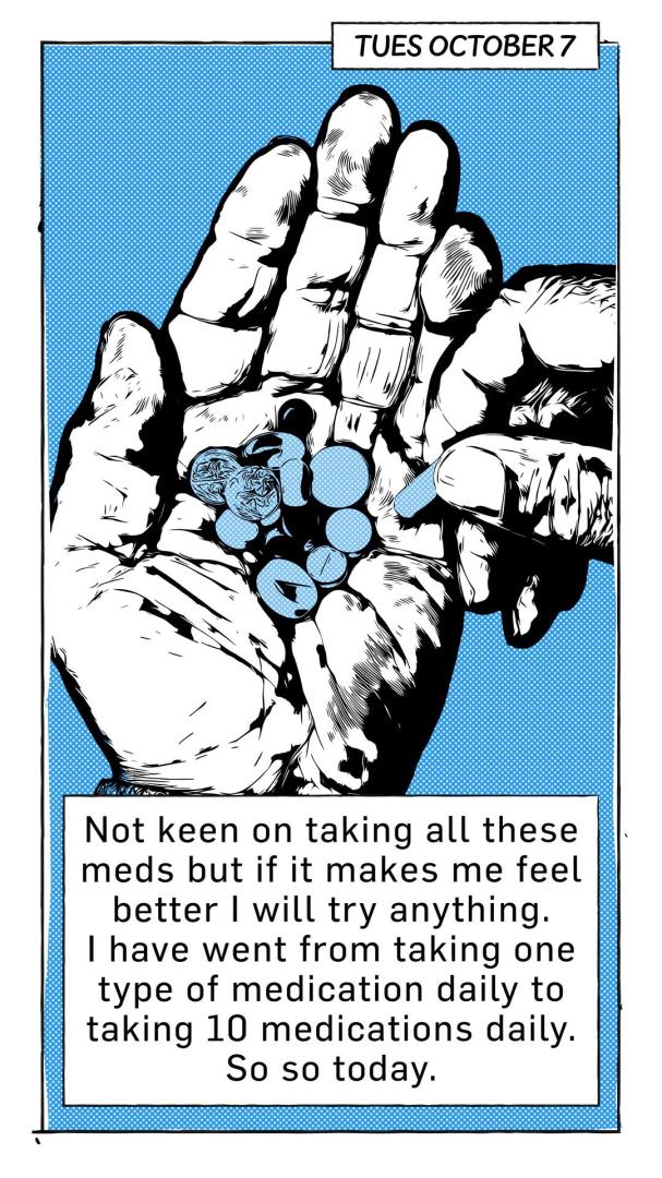 Cartoon, dated October 7, of a hand with many pills in it. Caption reads: "Not keen on taking all these meds but if it makes me feel better I will try anything. I have went from taking one type of medication daily to taking 10 medications daily. So so today."