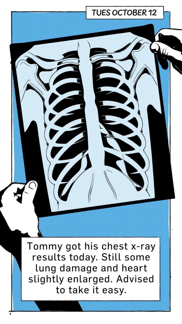Cartoon, dated October 12, of a chest x-ray. Caption reads: "Tommy got his chest x-ray results today. Still some lung damage and heart slightly enlarged. Advised to take it easy."