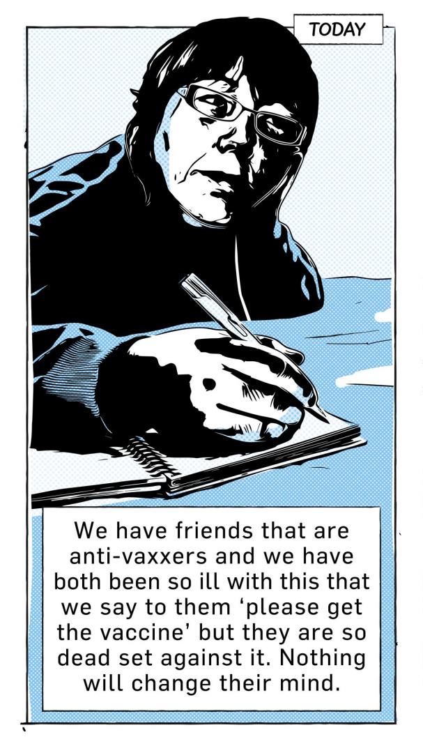 Cartoon of Theresa Summers writing in her Long Covid recovery diary. Caption reads: "We have friends that are anti-vaxxers and we have both been so ill with this that we say to them "please get the vaccine" but they are so dead set against it. Nothing will change their mind."