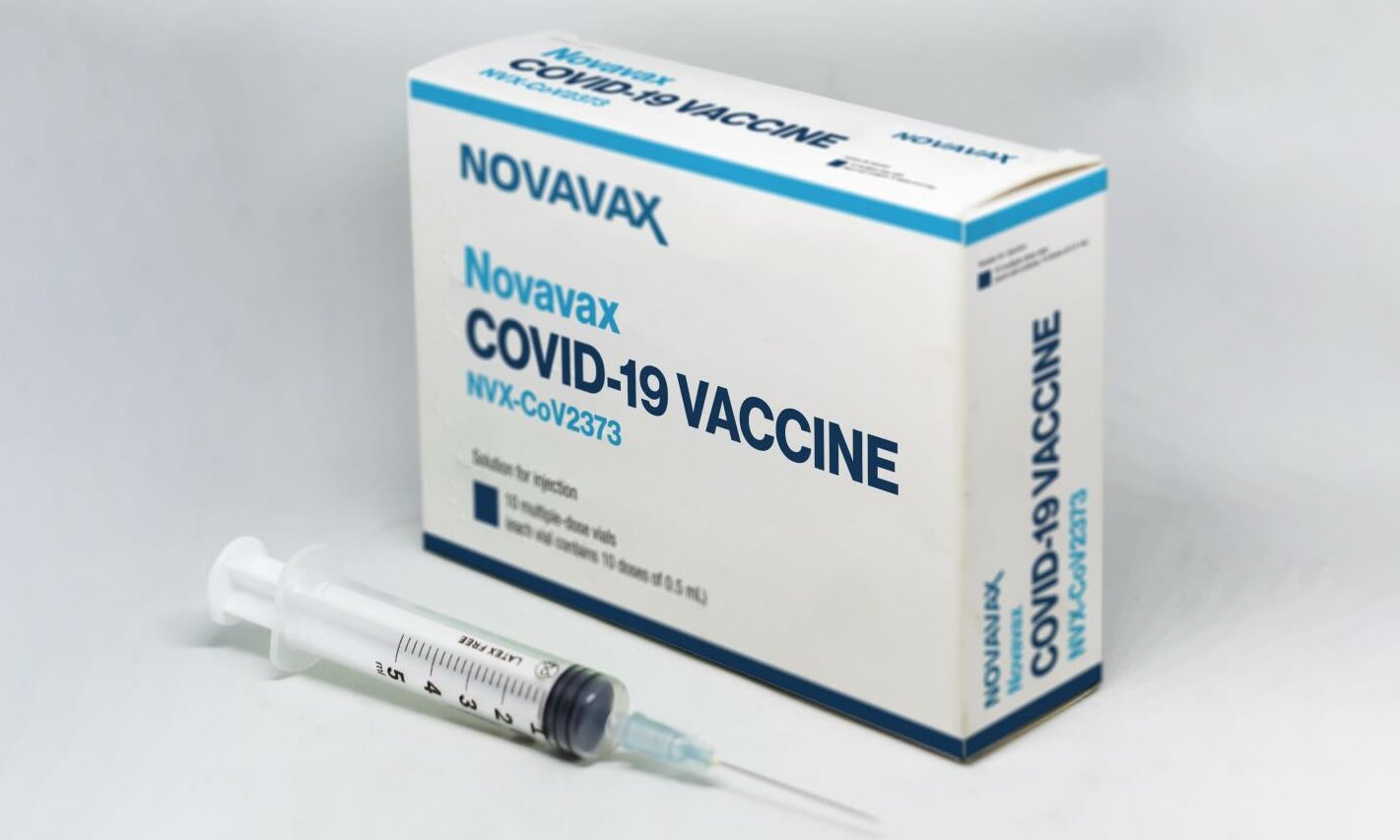 A Novavax branded box and syringe of Covid vaccine