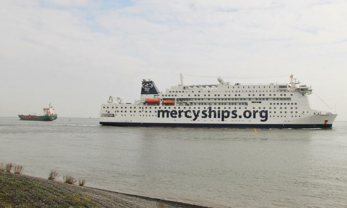 The Global Mercy hospital ship, pictured sailing through the Westerschelde Sea towards Antwerp in September 2021.