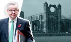 An image of Michael Gove superimposed on Elgin Cathedral.