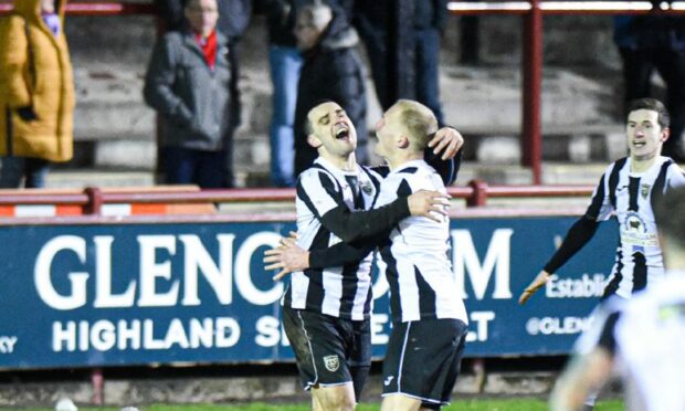 Ross Aitken (right) and Scott Barbour celebrate Fraserburgh taking the lead over Brechin City.