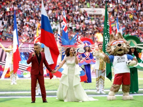 Robbie Williams and Aida Garifullina perform at the opening ceremony of the World Cup (Adam Davy/PA)
