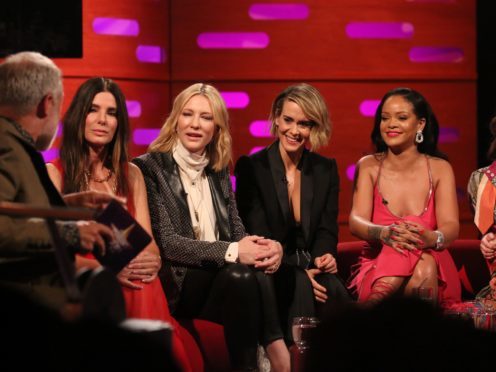 Graham Norton, Sandra Bullock, Cate Blanchett, Sarah Paulson, Rihanna and Helena Bonham Carter during filming for the Graham Norton Show (Isabel Infantes/PA)