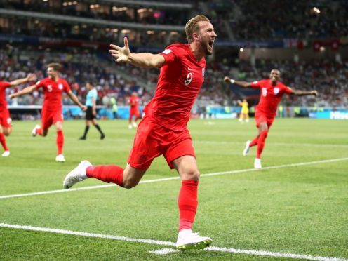 England’s Harry Kane celebrates scoring his side’s second goal of the game during the FIFA World Cup Group G match at The Volgograd Arena, Volgograd (Image: PA)