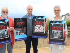 Jan Harlan, Keir Dullea and Katharina Kubrick with the stamps (Kathryn McLagan)