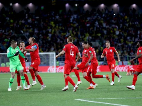 England players celebrate winning the penalty shoot-out against Colombia (Tim Goode/PA)