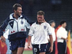 England’s Paul Gascoigne and team captain Terry Butcher, after his England lost a penalty shoot-out in the semi-final match of the World Cup against West Germany in Turin, Italy (Image PA)