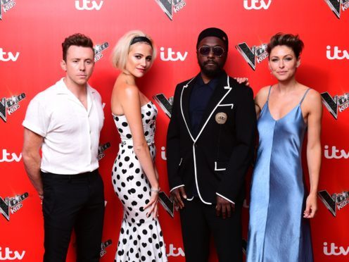 Danny Jones (left), Pixie Lott (second left), Will.i.am, and Emma Willis (right) at the launch of The Voice Kids, at Madame Tussauds in London (Ian West/PA)