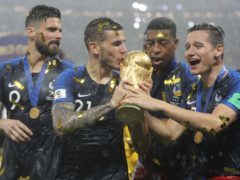 Members of the French football team celebrate winning the World Cup (left-right): Olivier Giroud, Lucas Hernandez, Thomas Lemar, Presnel Kimpembe and Florian Thauvin (Image: PA)