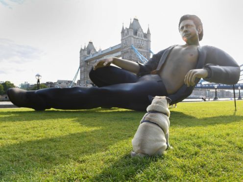 (Doug Peters/PA) EDITORIAL USE ONLY A 25ft statue of Jeff Goldblum’s torso in his famous pose from Jurassic Park, which has been created by NOW TV to celebrate the film’s 25th birthday is unveiled at Potters Fields Park, London.