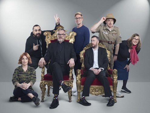 Taskmaster, starring (L-R) Alice Levine, Asim Chaudhry, Greg Davies, Russell Howard, Alex Horne, Tim Vine and Liza Tarbuck, is one of UKTV’s most popular shows (UKTV/PA)