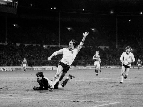 Jubilant Gary Lineker after scoring his first goal for England at Wembley (PA)