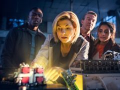 Jodie Whittaker as The Doctor (centre), Bradley Walsh as Graham (2nd right) and Mandip Gill as Yaz (1st right) (Sophie Mutevelian/PA)