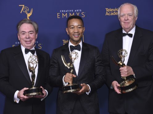 Andrew Lloyd Webber, left, John Legend, and Tim Rice winners of the award for outstanding variety special for Jesus Christ Superstar Live in Concert (Richard Shotwell/Invision/AP)