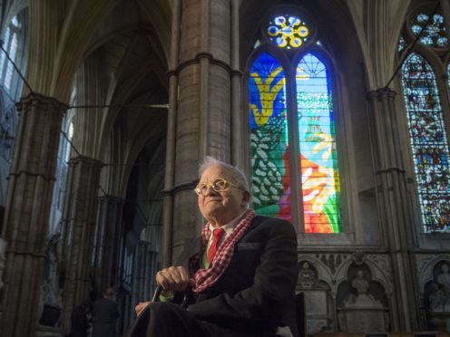 David Hockney in front of The Queen’s Window at Westminster Abbey (Victoria Jones/PA)