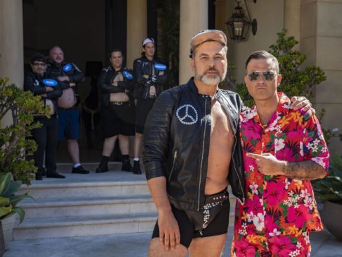 David Walliams and Robbie Williams in Los Angeles for the Judges Houses stage on the ITV1 talent show, The X Factor. (SYCO/THAMES TV)