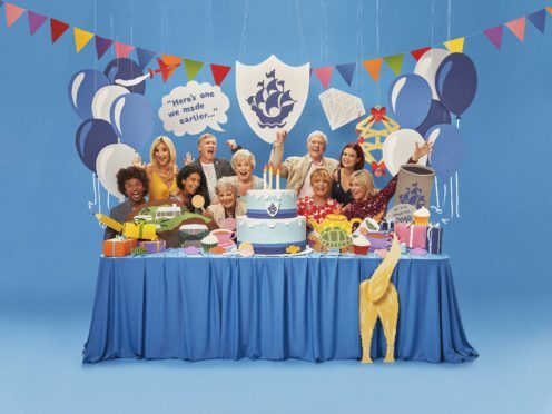 Radzi Chinyanganya, Helen Skelton, Konnie Huq, Peter Duncan, Leila Williams, Valerie Singleton, Peter Purves, Janet Ellis, Lindsey Russell and Anthea Turner during the Blue Peter Big Birthday episode (Joe Giacomet/BBC)