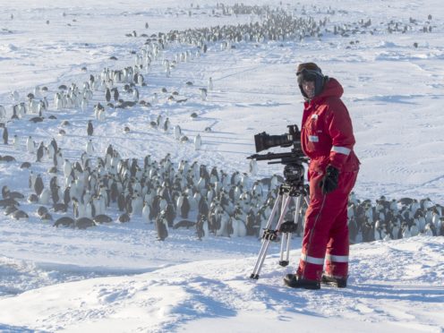 Cameraman Lindsay McCrae filming the Emperor penguin colony, Atka Bay in Antarctica. TV viewers have praised the BBC film crew that came to the rescue of trapped penguins they were filming. (BBC/PA)