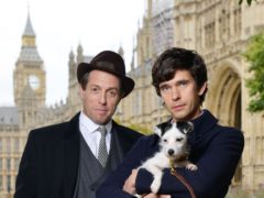 Hugh Grant playing Jeremy Thorpe and Ben Whishaw playing Norman Scott on set for BBC One’s A Very English Scandal. (Kieron McCarron/BBC)