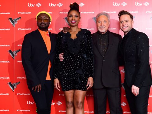will.i.am, Jennifer Hudson, Sir Tom Jones, and Olly Murs attending the Voice UK launch at the W Hotel, London (PA)